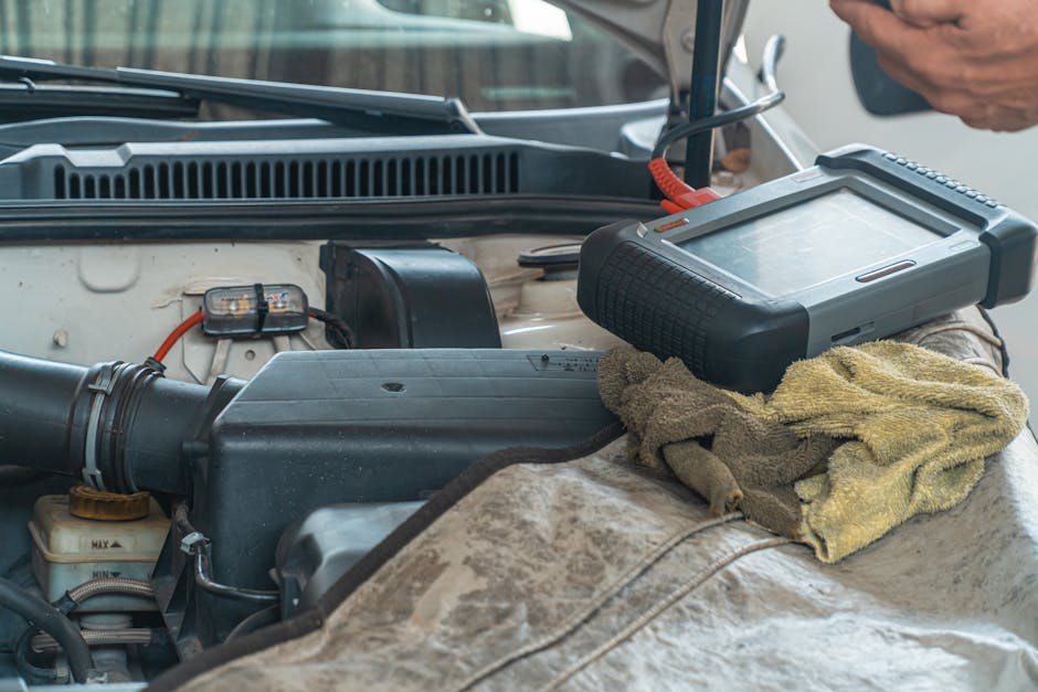 Close-up of a car engine inspection using a diagnostic tool in a garage setting, showcasing automotive maintenance and repair.